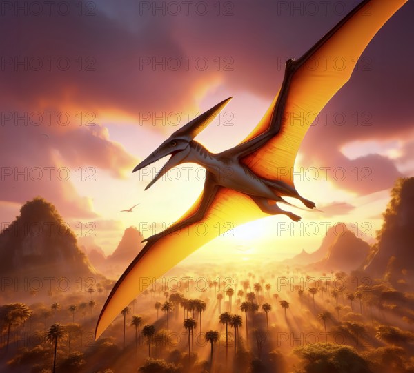 Prehistory, prehistory, a dinosaur, a flying dinosaur, a pterodactyl flies over a prehistoric