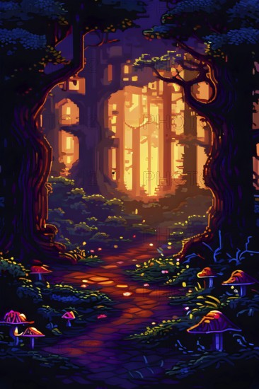 Enchanted magical forest in pixel art style with glowing mushrooms, AI generated