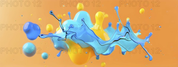 Abstract wallpaper with colorful turquoise and yellow blobs and liquid shapes on a orange