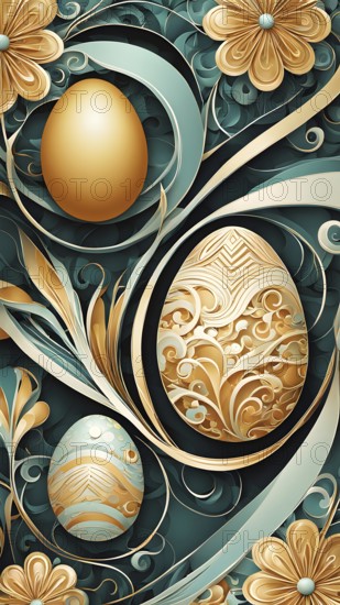 A whimsical abstract pattern with intertwined ribbons, eggs, and floral motifs, with a mix of sharp