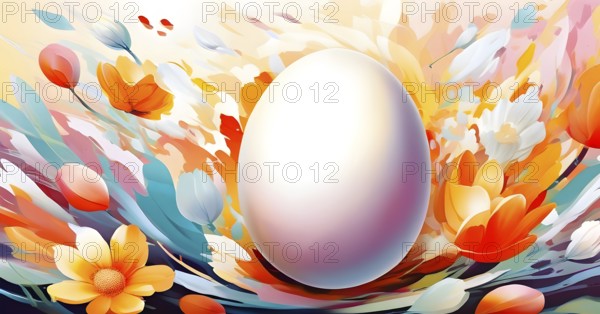 An energetic, abstract explosion of spring colors with egg and flower motifs subtly integrated,