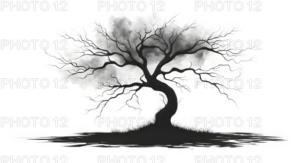 Minimalist rendering showcasing a lone tree as symbol for human resilience, AI generated