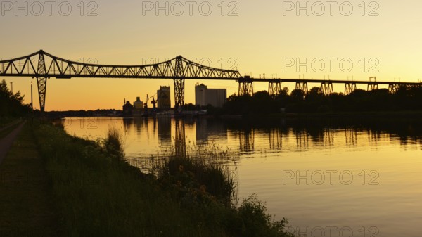 The Rendsburg High Bridge on the Kiel Canal at sunset, Schleswig-Holstein, Germany, Europe