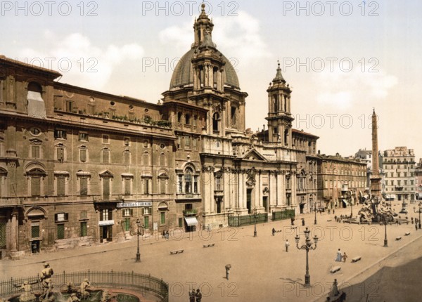 Piazza Navona, Rome, Italy, Historic, digitally restored reproduction from a 19th century original,