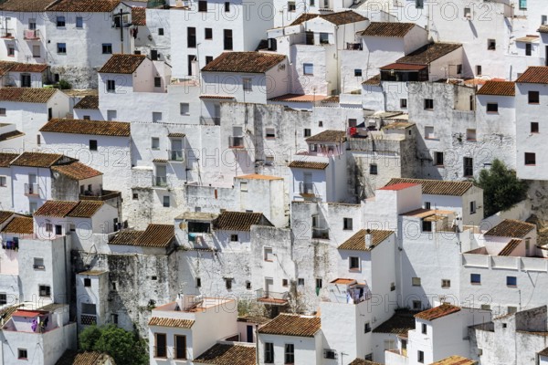 Typical white village of Casares, houses on the hillside, close-up, Route of the white villages,