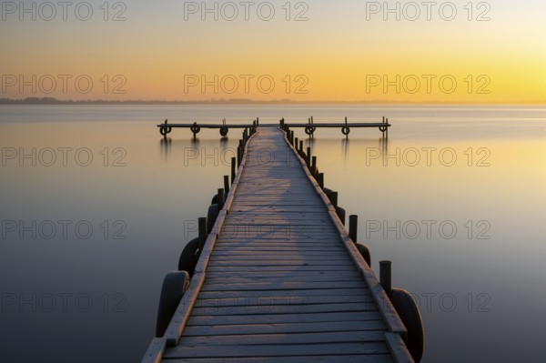 Sunrise at Lake Dümmer, jetty, path, jetty, stillness, lake, Dümmerlohhausen, Lower Saxony,