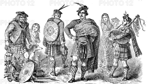National traditional costume from Scotland, men in kilts, illustration from 1880, historical,