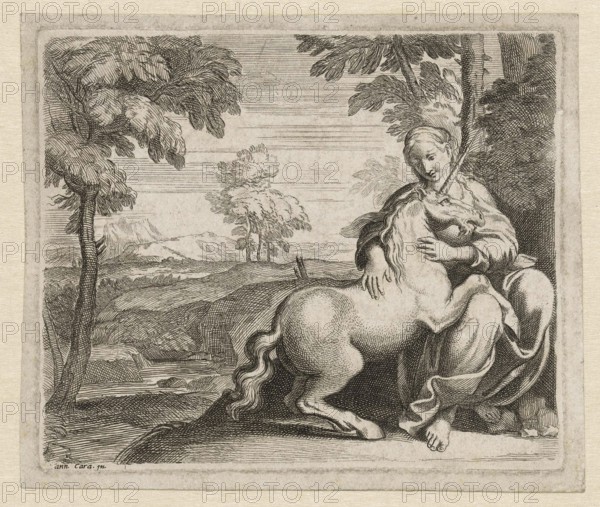 Young Woman with a Unicorn, c. 1602, Italy, Historic, digitally restored reproduction from a 19th