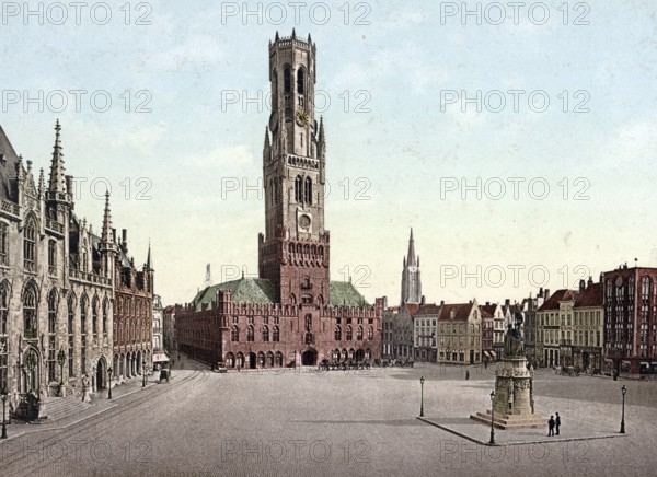 The Great Square with the Belfry, Bruges, Belgium, Historical, digitally restored reproduction from