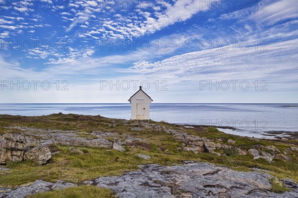 Small white hut on the island of Andoya, Vesterålen, Norway, Europe