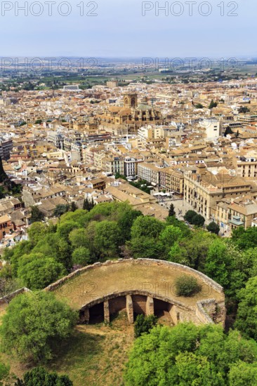 City view with cathedral, sea of houses from above, view from the Alhambra, Granada, Andalusia,