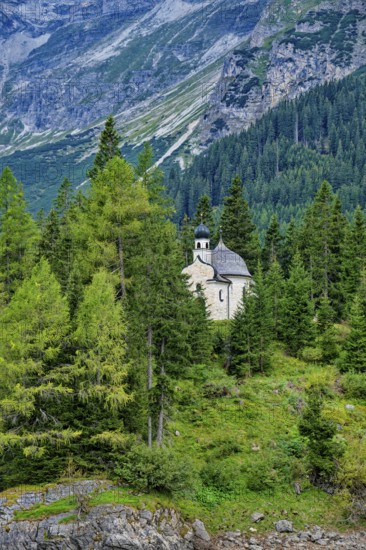 Lake chapel Maria am See, Obernberger See, mountain lake, landscape of the Stubai Alps, weather