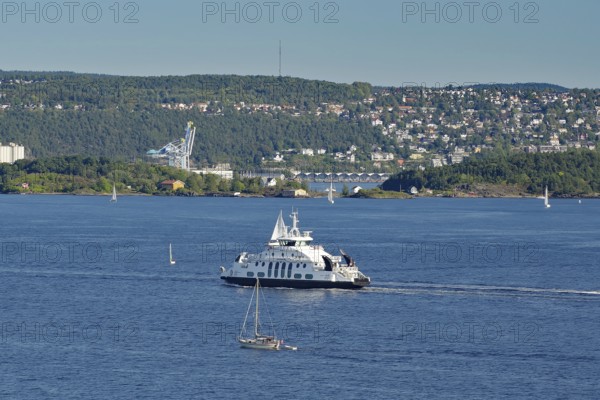 A ferryboat in the calm sea, with an urban landscape and green hills in the background, electric