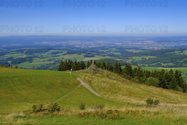 Panoramic view from the Wasserkuppe to the aviation memorial, Wasserkuppe, Rhön, district of Fulda,