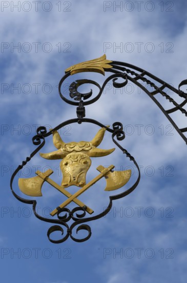 Nose end sign of a butcher's shop, Betzenstein, Upper Franconia, Bavaria, Germany, Europe
