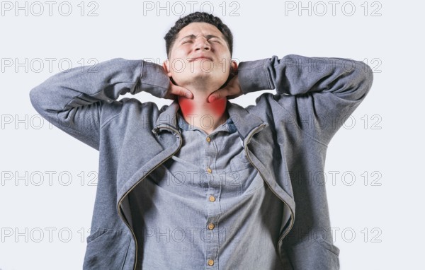 Person with neck pain isolated. Guy suffering with neck pain. Neck pain and stress concept