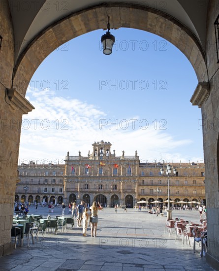 Plaza Mayor viewed through an arcade, Salamanca, Salamanca province, Castile and Leon, Spain,