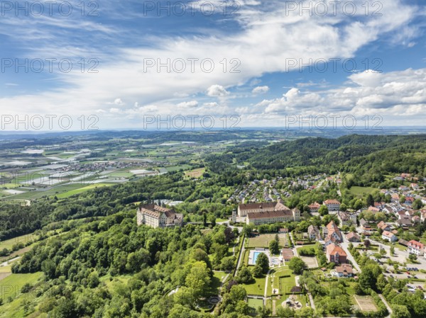 Aerial view of Heiligenberg Castle, a Renaissance-style castle complex, administrative district of