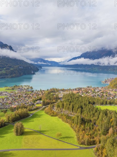 Painted village landscape with a lake and mountains in the background, Lake Brienz, Switzerland,