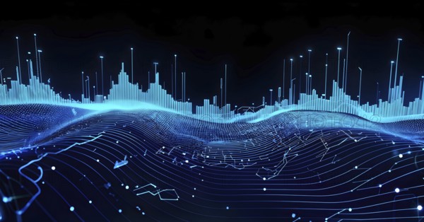 Abstract illustration of digital wave forms and circuits converging to form abstract symbols of