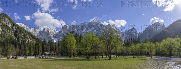 Mangart mountain range on Lake Fusine, Tarvisio, province of Udine, Italy, Europe