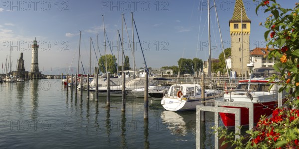 Harbour with Bavarian Lion, lighthouse and man tower, Lindau, Lake Constance, Bavaria, Germany,