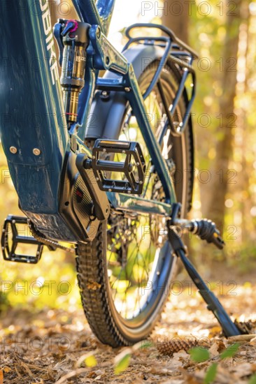 Detailed view of the pedals of an electric bike in the forest, e-bike, forest bike, Calw, district