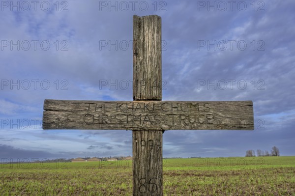 World War One Khaki Chums Cross monument to WWI Christmas Truce German, British football match