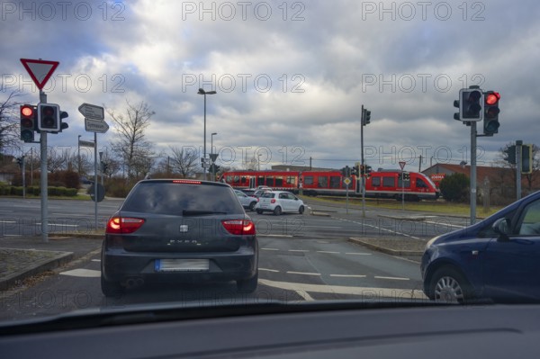 Traffic jam in front of a level crossing with barriers, Eckental, Middle Franconia, Bavaria,