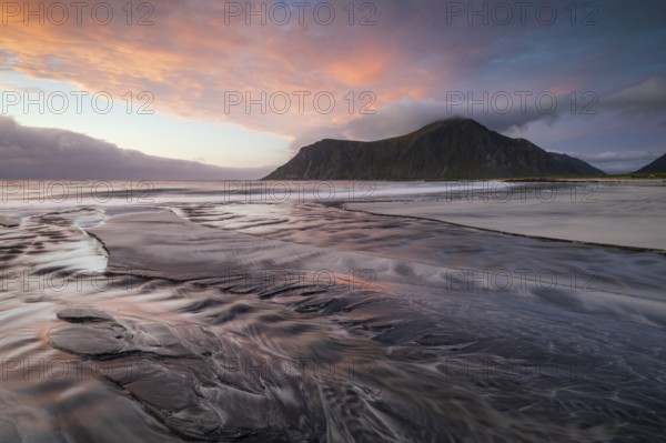 Sunset on the beach at Skagsanden, Flakstad, Lofoten, Norway, Europe