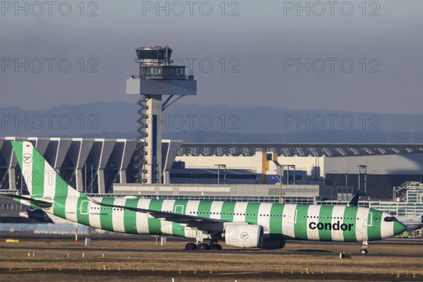 Aircraft of the holiday airline Condor in front of Tower and Hagar. Aircraft registration number: