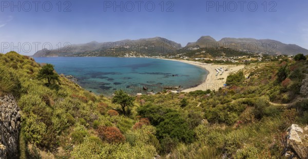 View from the Sarella peninsula to the bay and beach of Plakias, south coast, Crete, Greece, Europe