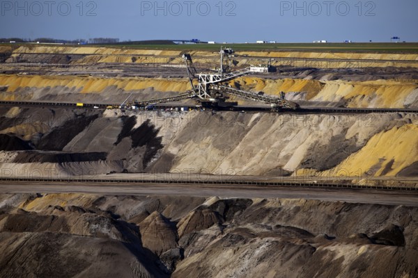 Opencast lignite mine with spreader and motorway in the background, Garzweiler, Jüchen, North