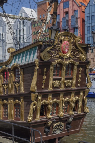 Mottlau pier in Gdansk with the Galeon Lew, a replica of an historic corsair