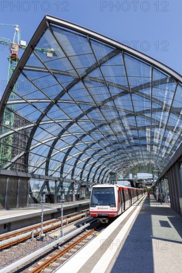 Hochbahn metro train line U4 railway at Elbbrücken station in Hamburg, Germany, Europe