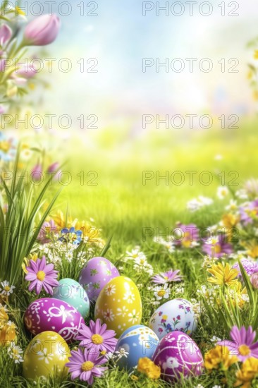 Easter egg hunt Easter egg hunt with flowers in a meadow in spring Greeting card with text free