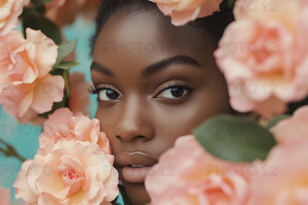 Face of young beautiful black woman surrounded by peach colored rose flowers. Generative Ai, AI