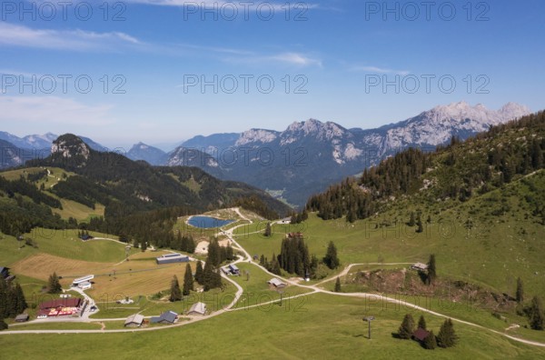 Drone shot, Hochalm, Loferer Alm with view to the Reiteralpe, Lofer, Pinzgau, Land Salzburg,
