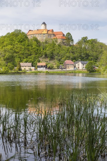 Gondola pond and Schönfels Castle in Altschönfels, Zwickau district, Saxony, Germany, Europe