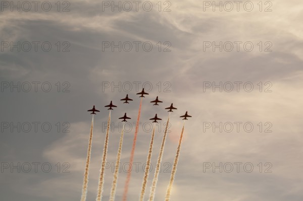 BAE Systems Hawk nine aircraft of the RAF Royal air force Red Arrows display team flying, England,