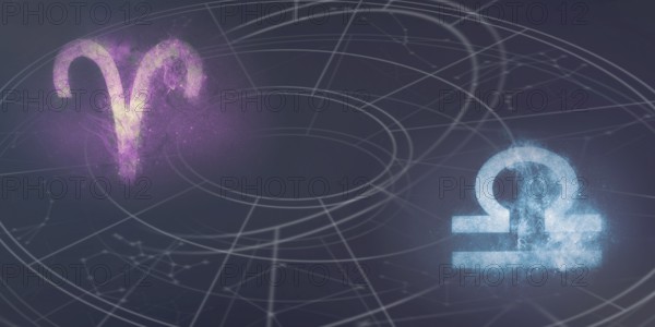 Aries and Libra horoscope signs compatibility. Night sky Abstract background