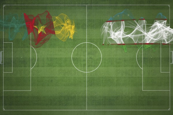 Cameroon vs Uzbekistan Soccer Match, national colors, national flags, soccer field, football game,