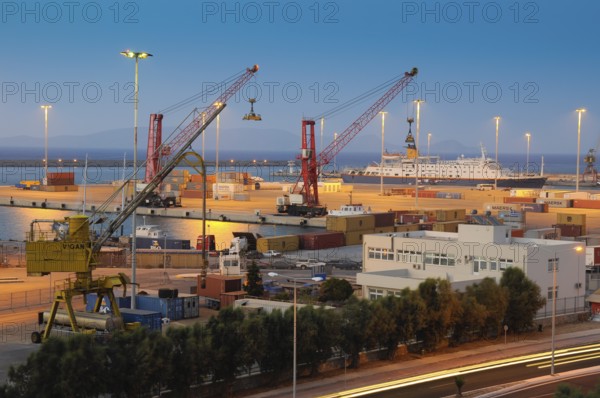 Night photo of cargo sea port in Heraklion, Crete Greece, Greece, Europe