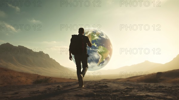 Person thinking about meaning of life. Man and the globe Earth, AI generated