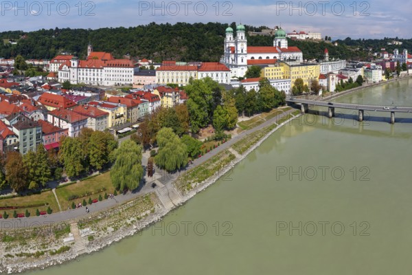 Aerial view, River Inn, Marienbrücke, St. Stephan's Cathedral, Old Town, Three Rivers City of