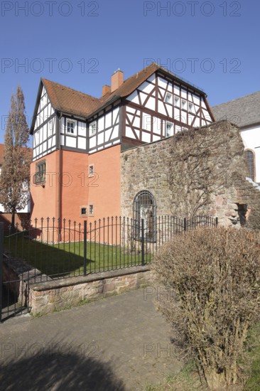 Half-timbered house with historic town wall, Bad Soden, Bad Soden-Salmünster, Spessart, Hesse,