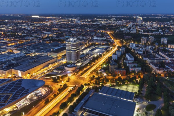 MUNICH, GERMANY, MAY 11: Aerial view of BMW Museum & BWM Welt & factory from Olympic Tower in the