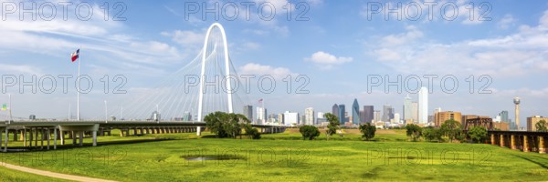 Dallas skyline at the Trinity River and Margaret Hunt Hill Bridge Panorama in Texas Dallas, USA,