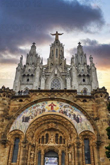 Sagrat Cor church with statue of Christ, evening sky, Tibidabo, Barcelona, Catalonia, Spain, Europe