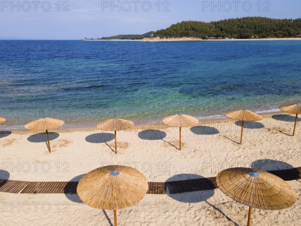 Aerial view, sunshades, Ema beach, Toroni, Torone, Sithonia, Chalkidiki, Central Macedonia, Greece,